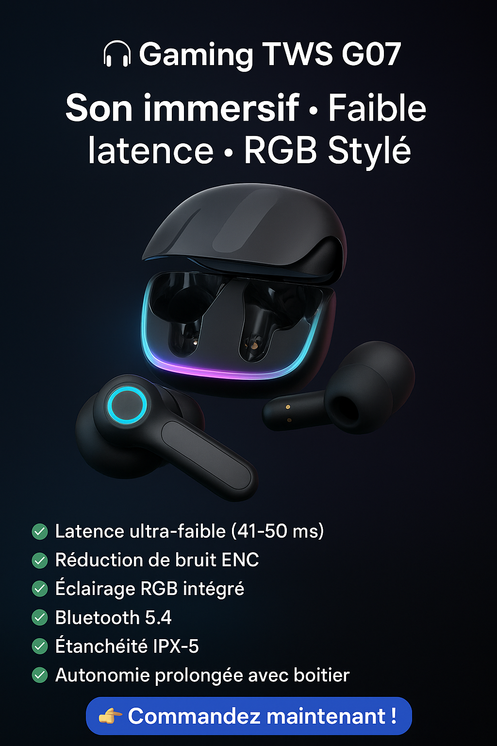 🎧 Écouteurs Gaming TWS G07 avec Lumières RGB